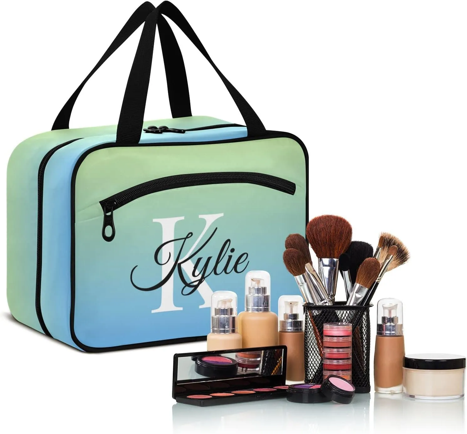 Sinestour Blue Gradient Personalized Toiletry Bag for Women Men Travel Makeup Bag Organizer with Hanging Hook Cosmetic Bags Hanging Toiletry Bag Travel Bag for Toiletries Shampoo Gifts Bottle