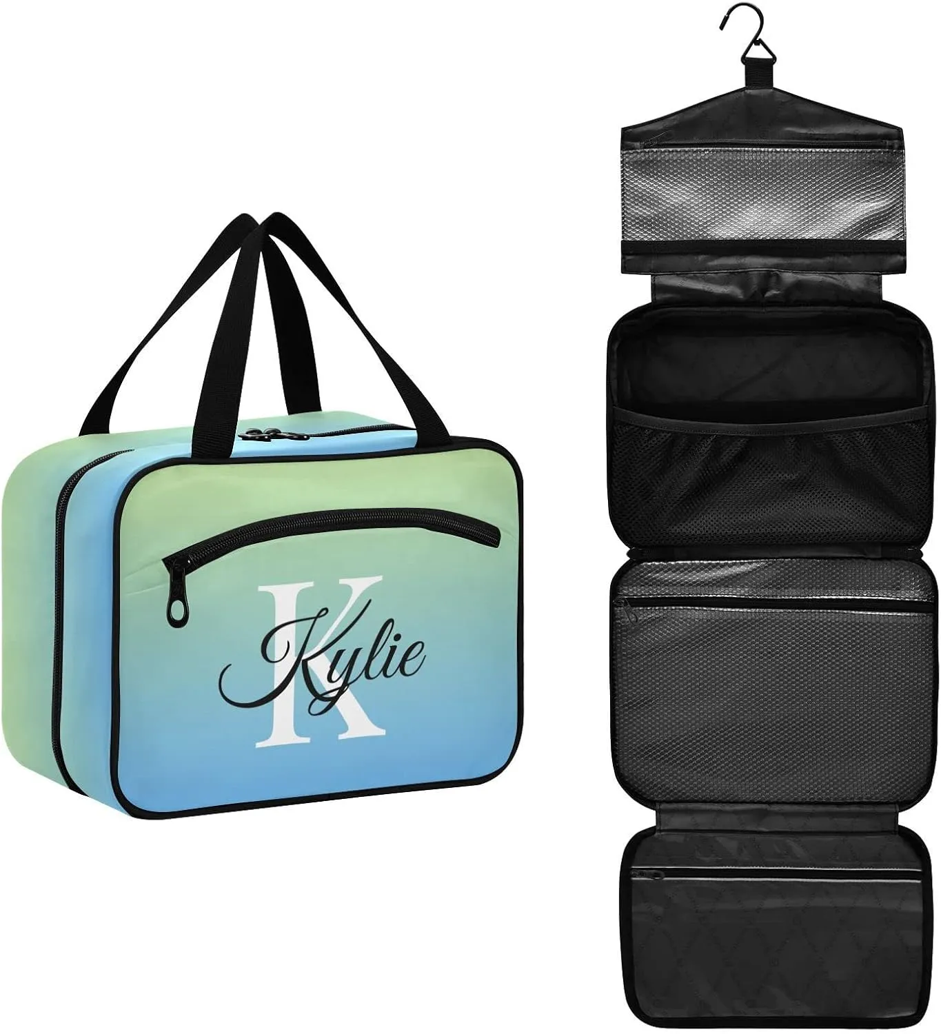 Sinestour Blue Gradient Personalized Toiletry Bag for Women Men Travel Makeup Bag Organizer with Hanging Hook Cosmetic Bags Hanging Toiletry Bag Travel Bag for Toiletries Shampoo Gifts Bottle