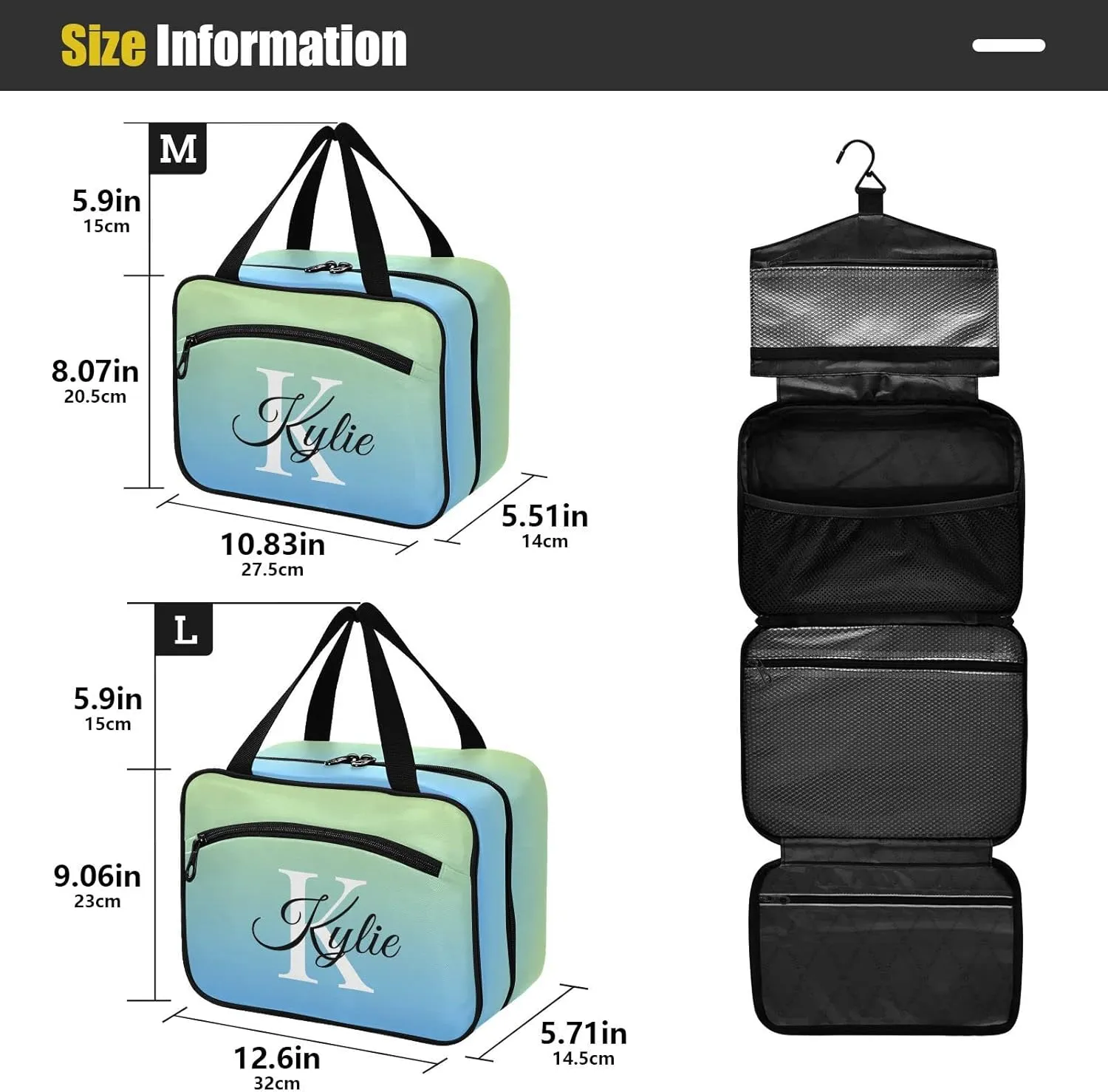 Sinestour Blue Gradient Personalized Toiletry Bag for Women Men Travel Makeup Bag Organizer with Hanging Hook Cosmetic Bags Hanging Toiletry Bag Travel Bag for Toiletries Shampoo Gifts Bottle