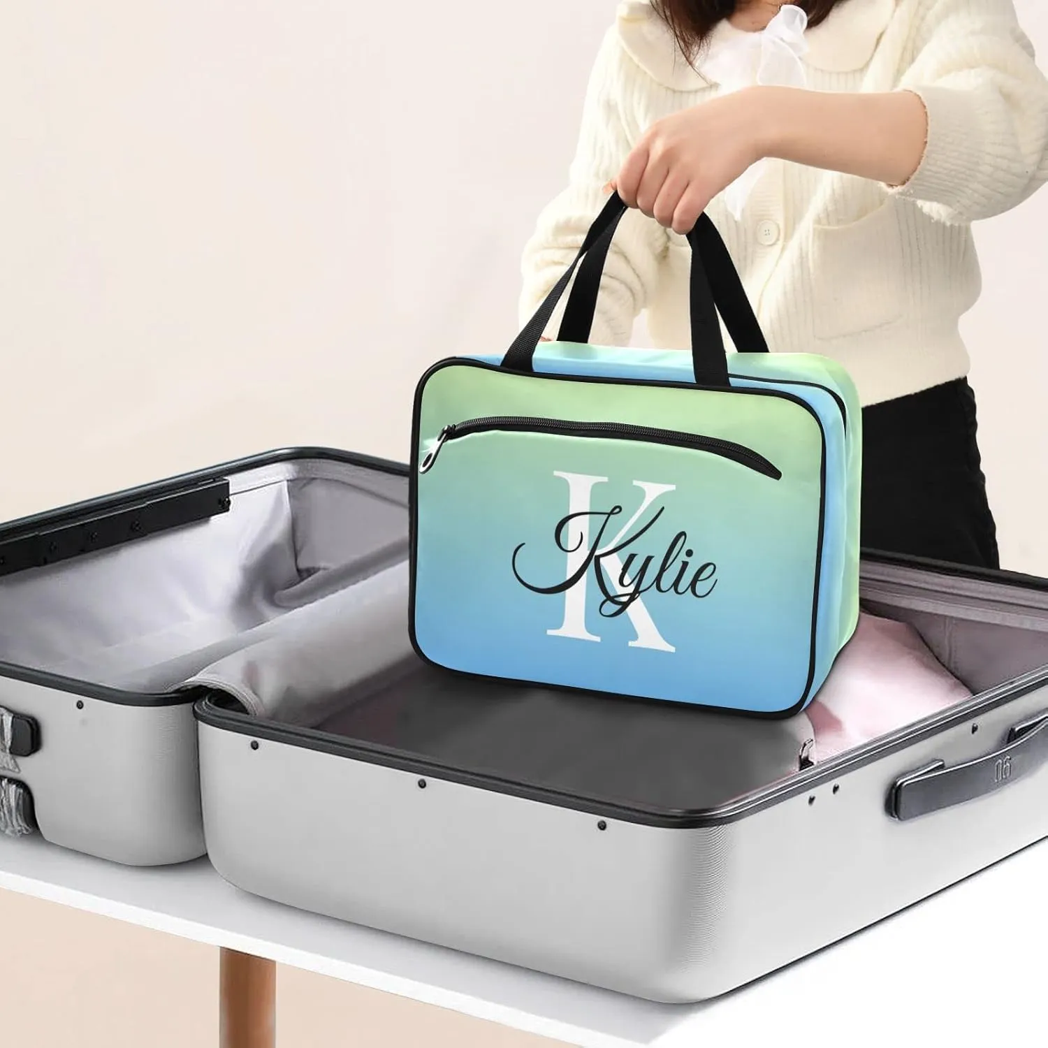 Sinestour Blue Gradient Personalized Toiletry Bag for Women Men Travel Makeup Bag Organizer with Hanging Hook Cosmetic Bags Hanging Toiletry Bag Travel Bag for Toiletries Shampoo Gifts Bottle