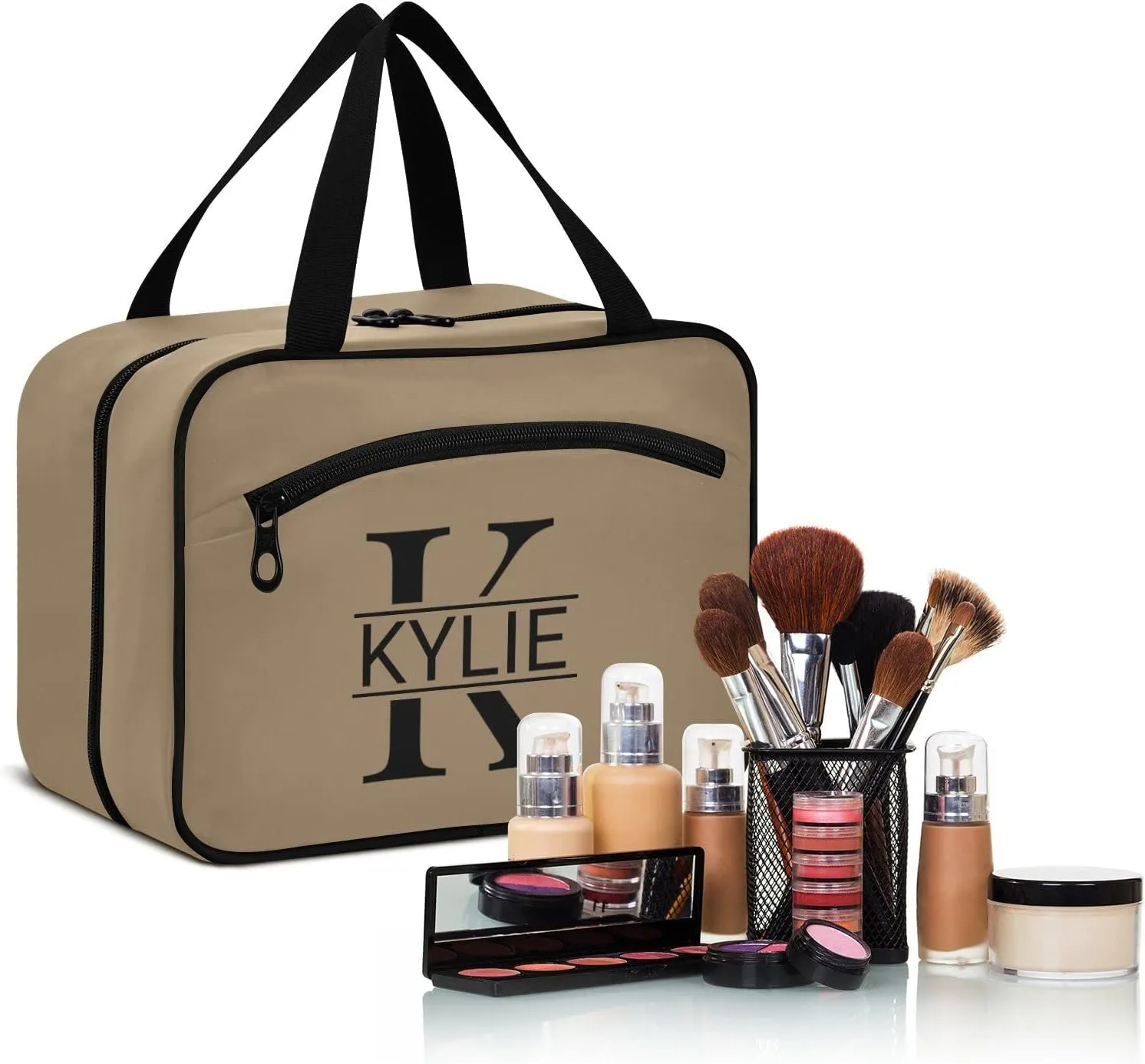 Sinestour Brown Personalized Toiletry Bag for Women Men Travel Makeup Bag Organizer with Hanging Hook Cosmetic Bags Hanging Toiletry Bag Travel Bag for Toiletries Shampoo Brushes Gifts