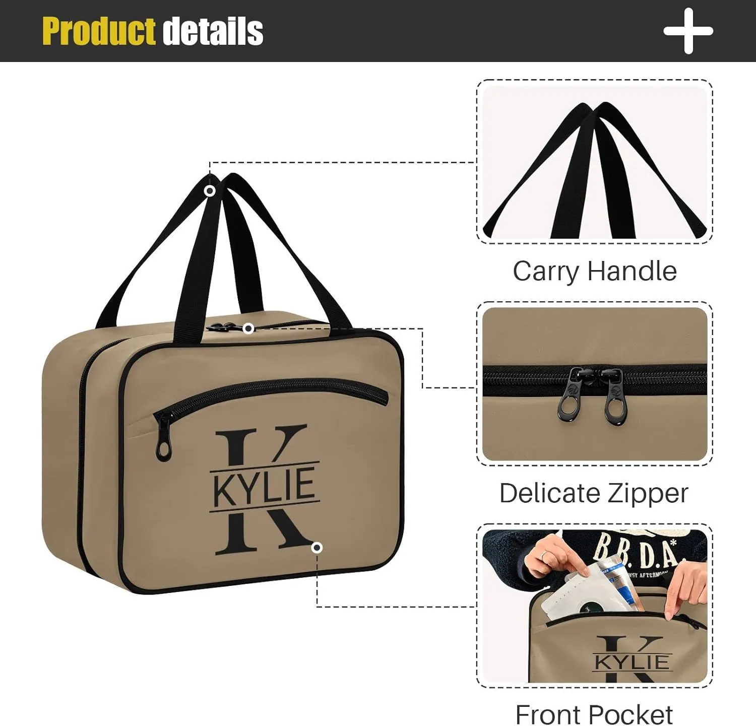 Sinestour Brown Personalized Toiletry Bag for Women Men Travel Makeup Bag Organizer with Hanging Hook Cosmetic Bags Hanging Toiletry Bag Travel Bag for Toiletries Shampoo Brushes Gifts