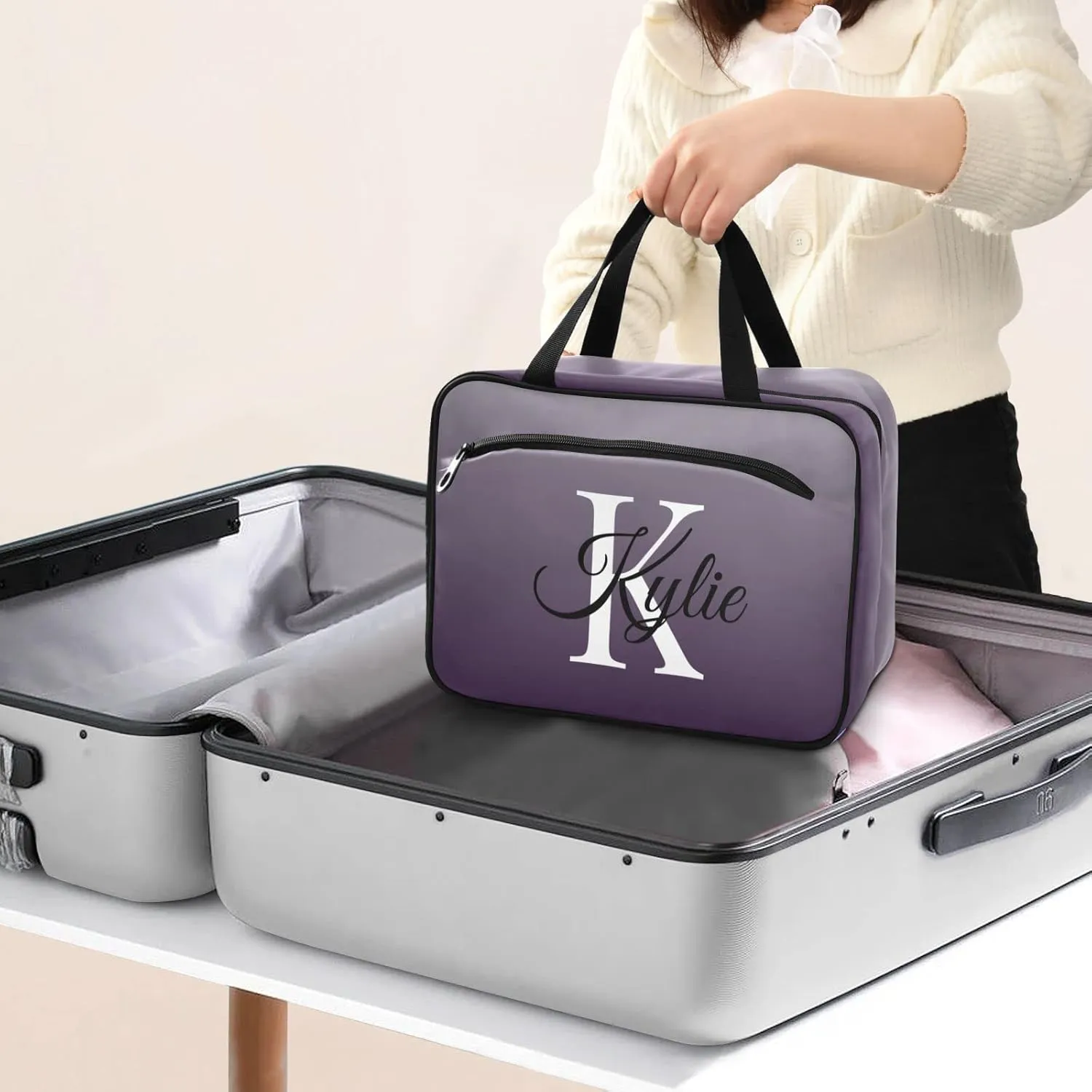 Sinestour Grey Gradient Personalized Toiletry Bag for Women Men Travel Makeup Bag Organizer with Hanging Hook Cosmetic Bags Hanging Toiletry Bag Travel Bag for Toiletries Brushes Accessories Bottle