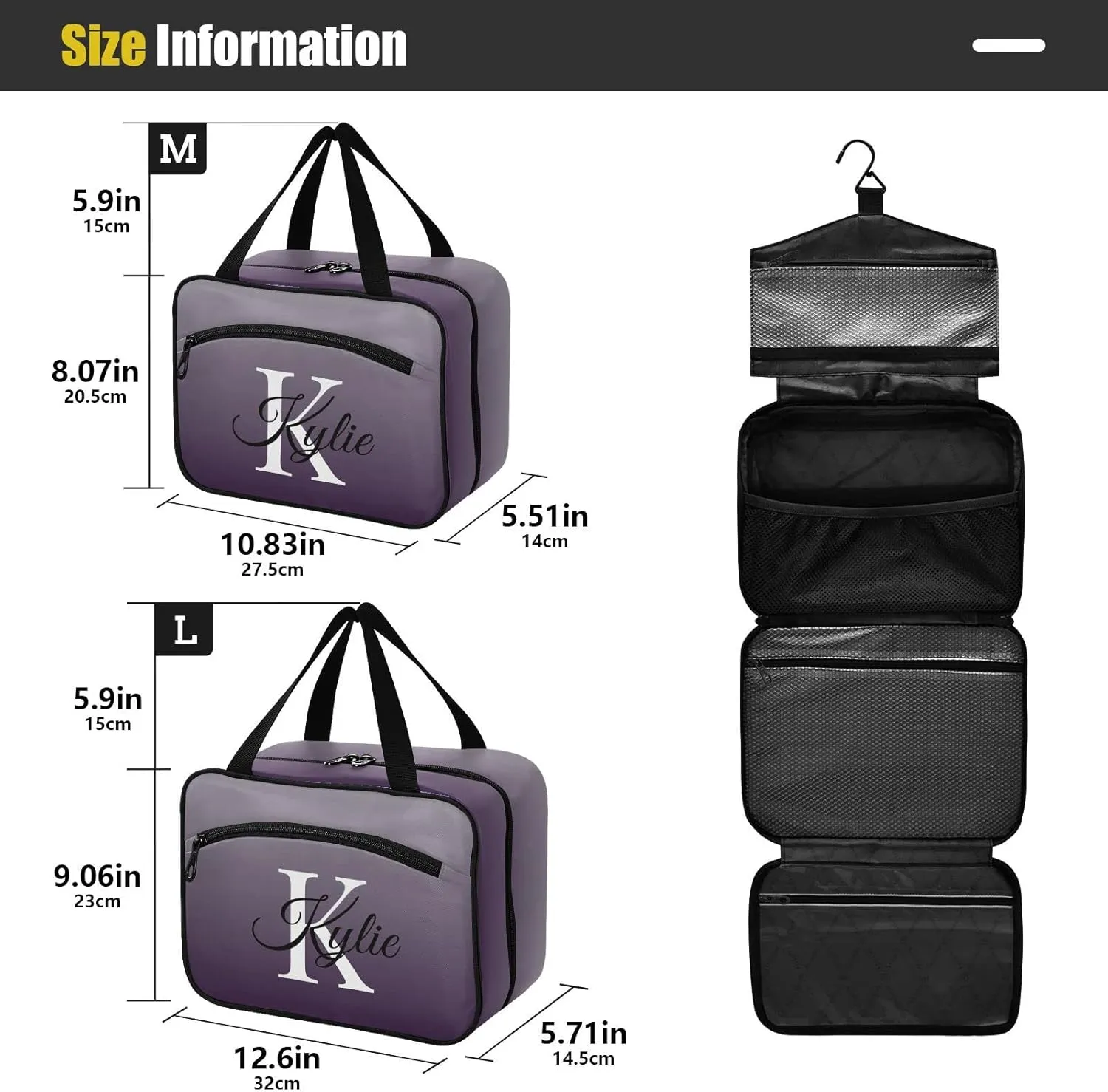 Sinestour Grey Gradient Personalized Toiletry Bag for Women Men Travel Makeup Bag Organizer with Hanging Hook Cosmetic Bags Hanging Toiletry Bag Travel Bag for Toiletries Brushes Accessories Bottle