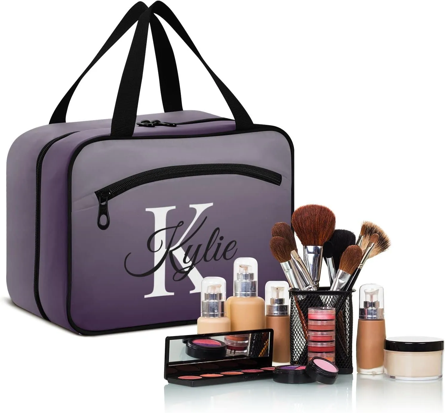 Sinestour Grey Gradient Personalized Toiletry Bag for Women Men Travel Makeup Bag Organizer with Hanging Hook Cosmetic Bags Hanging Toiletry Bag Travel Bag for Toiletries Brushes Accessories Bottle