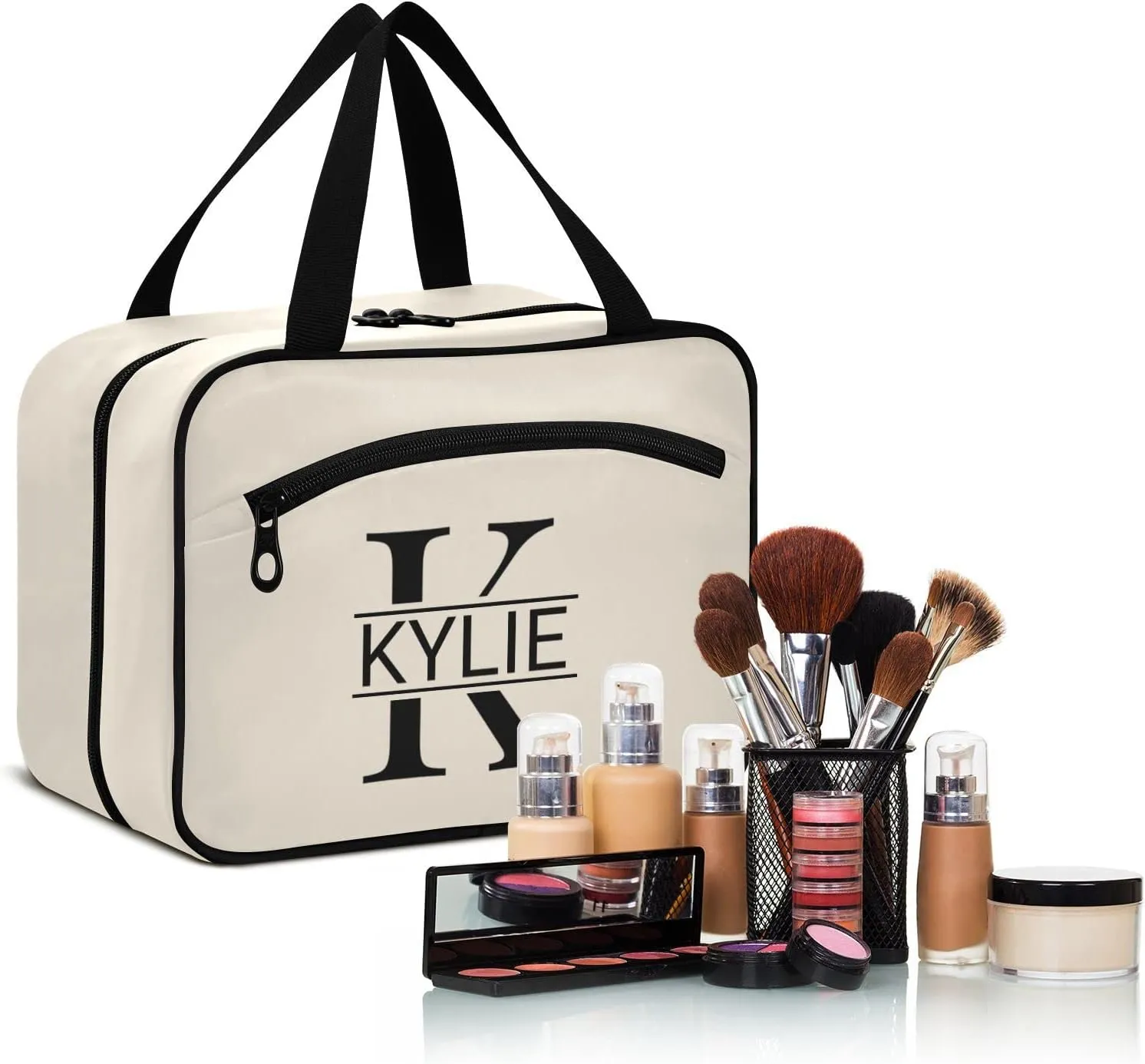 Sinestour Light Beige Personalized Toiletry Bag for Women Men Travel Makeup Bag Organizer with Hanging Hook Cosmetic Bags Hanging Toiletry Bag Travel Bag for Toiletries Brushes Gifts Bottle