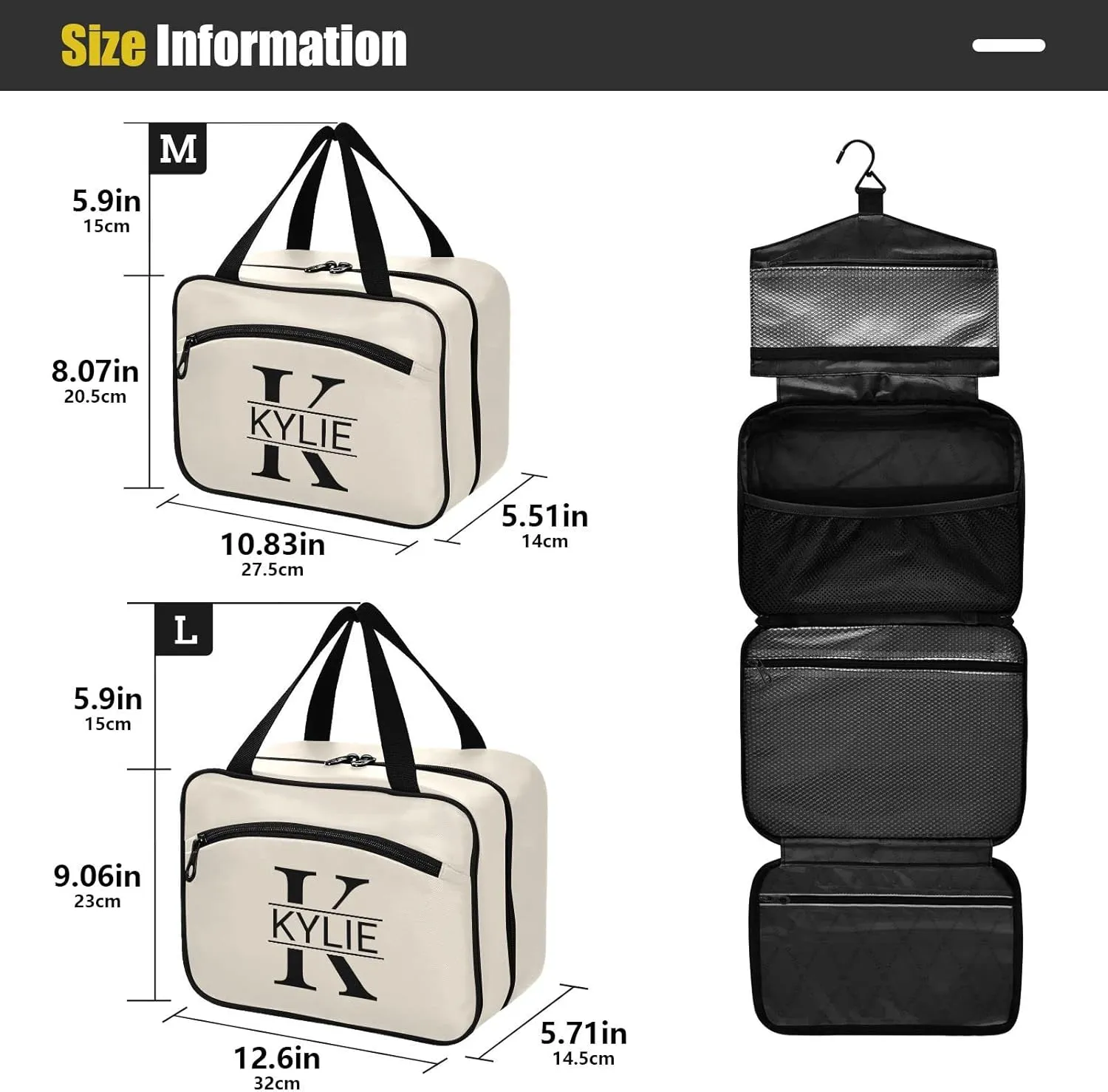 Sinestour Light Beige Personalized Toiletry Bag for Women Men Travel Makeup Bag Organizer with Hanging Hook Cosmetic Bags Hanging Toiletry Bag Travel Bag for Toiletries Brushes Gifts Bottle