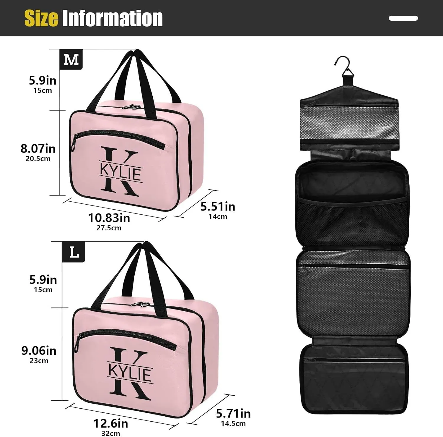 Sinestour Light Pink Personalized Toiletry Bag for Women Men Travel Makeup Bag Organizer with Hanging Hook Cosmetic Bags Hanging Toiletry Bag Travel Bag for Toiletries Shampoo Bottle Gifts