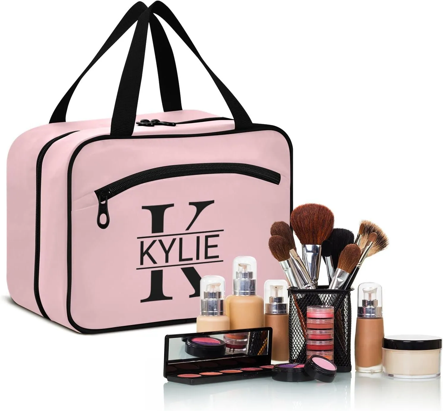 Sinestour Light Pink Personalized Toiletry Bag for Women Men Travel Makeup Bag Organizer with Hanging Hook Cosmetic Bags Hanging Toiletry Bag Travel Bag for Toiletries Shampoo Bottle Gifts