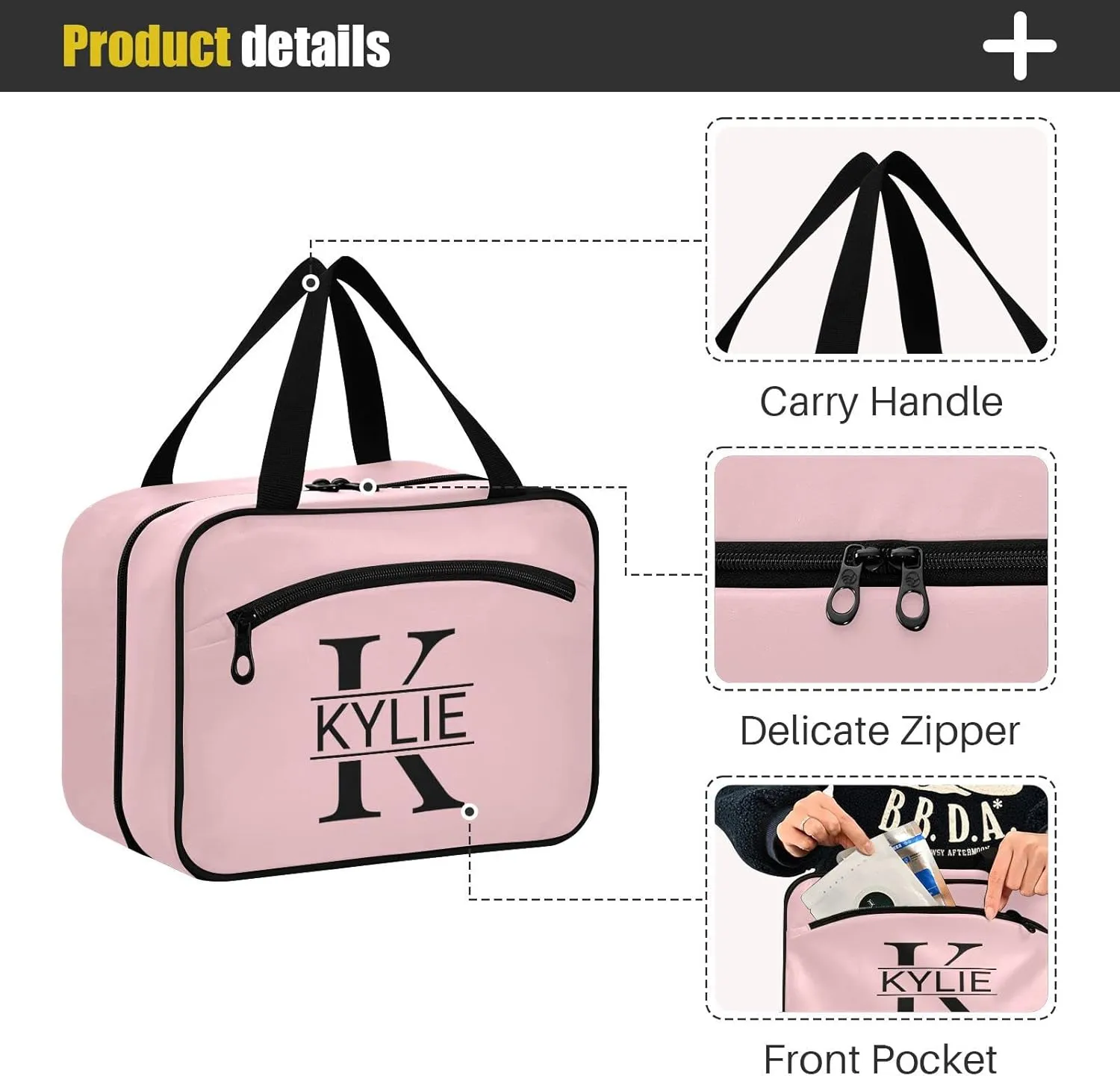 Sinestour Light Pink Personalized Toiletry Bag for Women Men Travel Makeup Bag Organizer with Hanging Hook Cosmetic Bags Hanging Toiletry Bag Travel Bag for Toiletries Shampoo Bottle Gifts