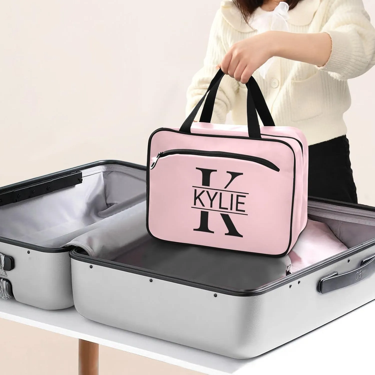 Sinestour Light Pink Personalized Toiletry Bag for Women Men Travel Makeup Bag Organizer with Hanging Hook Cosmetic Bags Hanging Toiletry Bag Travel Bag for Toiletries Shampoo Bottle Gifts