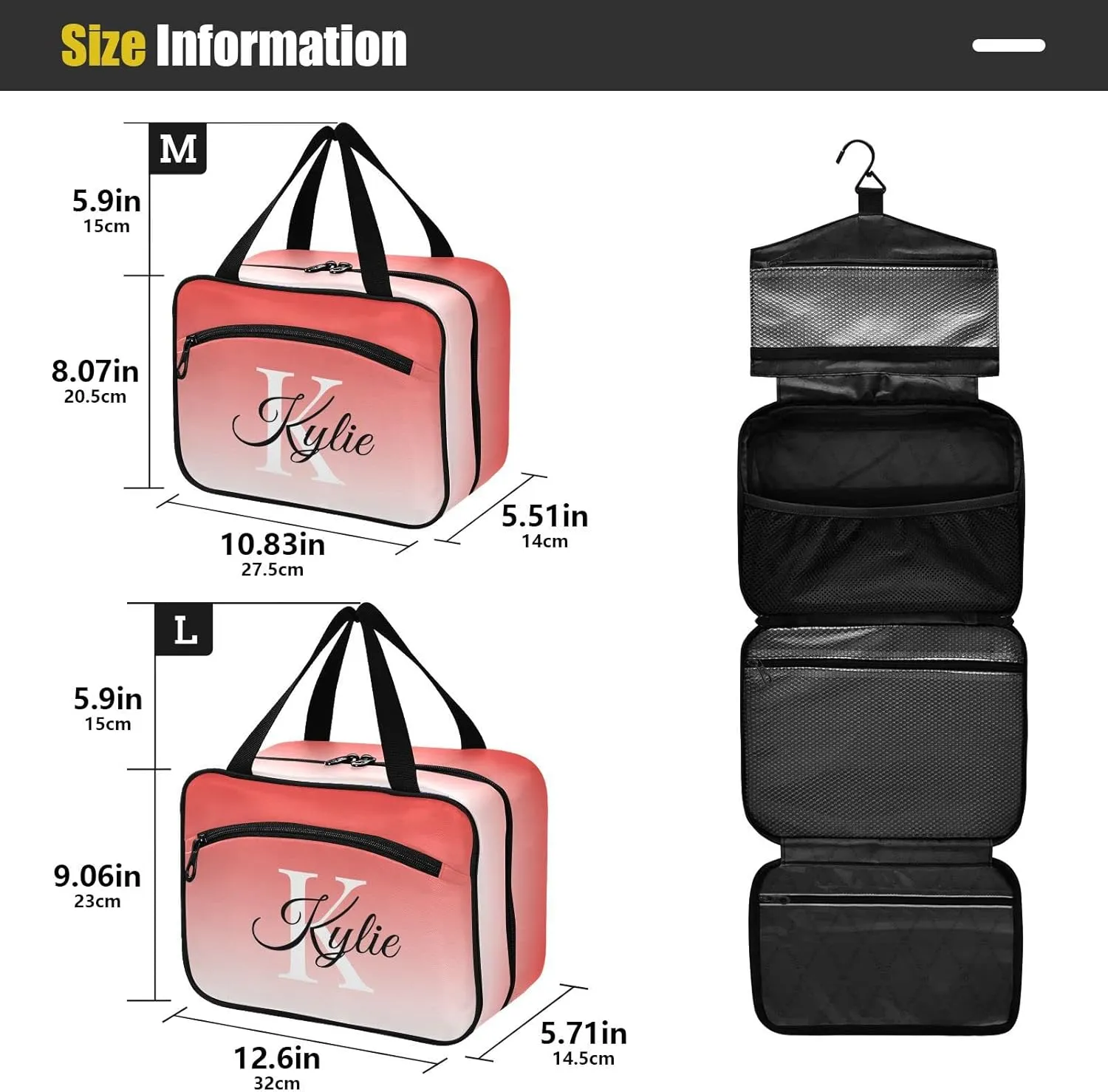 Sinestour Pink Gradient Personalized Toiletry Bag for Women Men Travel Makeup Bag Organizer with Hanging Hook Cosmetic Bags Hanging Toiletry Bag Travel Bag for Toiletries Gifts Accessories Shampoo