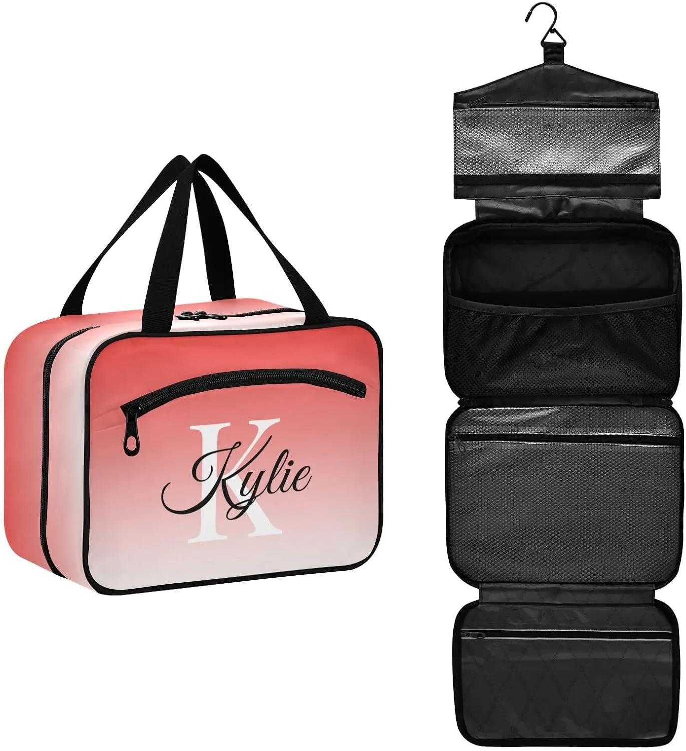 Sinestour Pink Gradient Personalized Toiletry Bag for Women Men Travel Makeup Bag Organizer with Hanging Hook Cosmetic Bags Hanging Toiletry Bag Travel Bag for Toiletries Gifts Accessories Shampoo