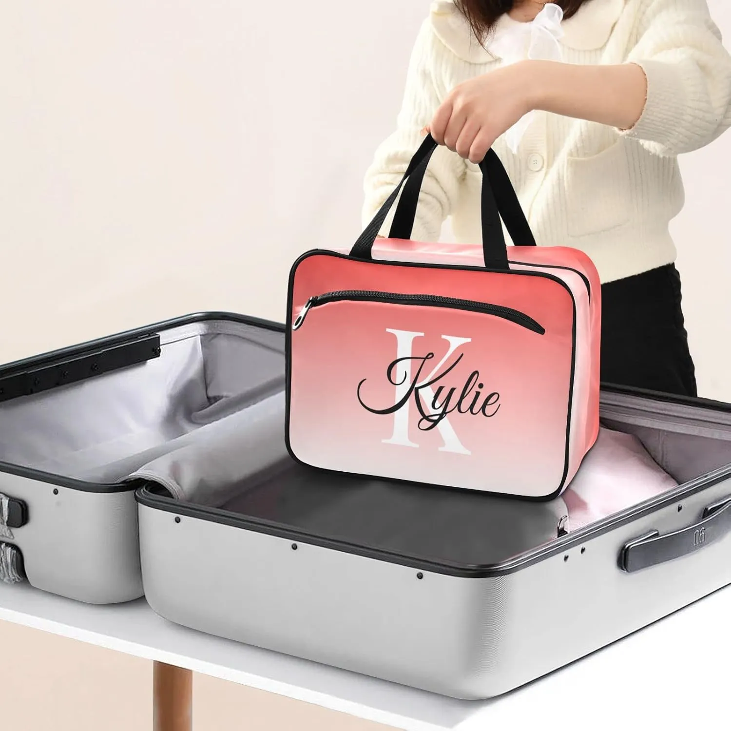 Sinestour Pink Gradient Personalized Toiletry Bag for Women Men Travel Makeup Bag Organizer with Hanging Hook Cosmetic Bags Hanging Toiletry Bag Travel Bag for Toiletries Gifts Accessories Shampoo