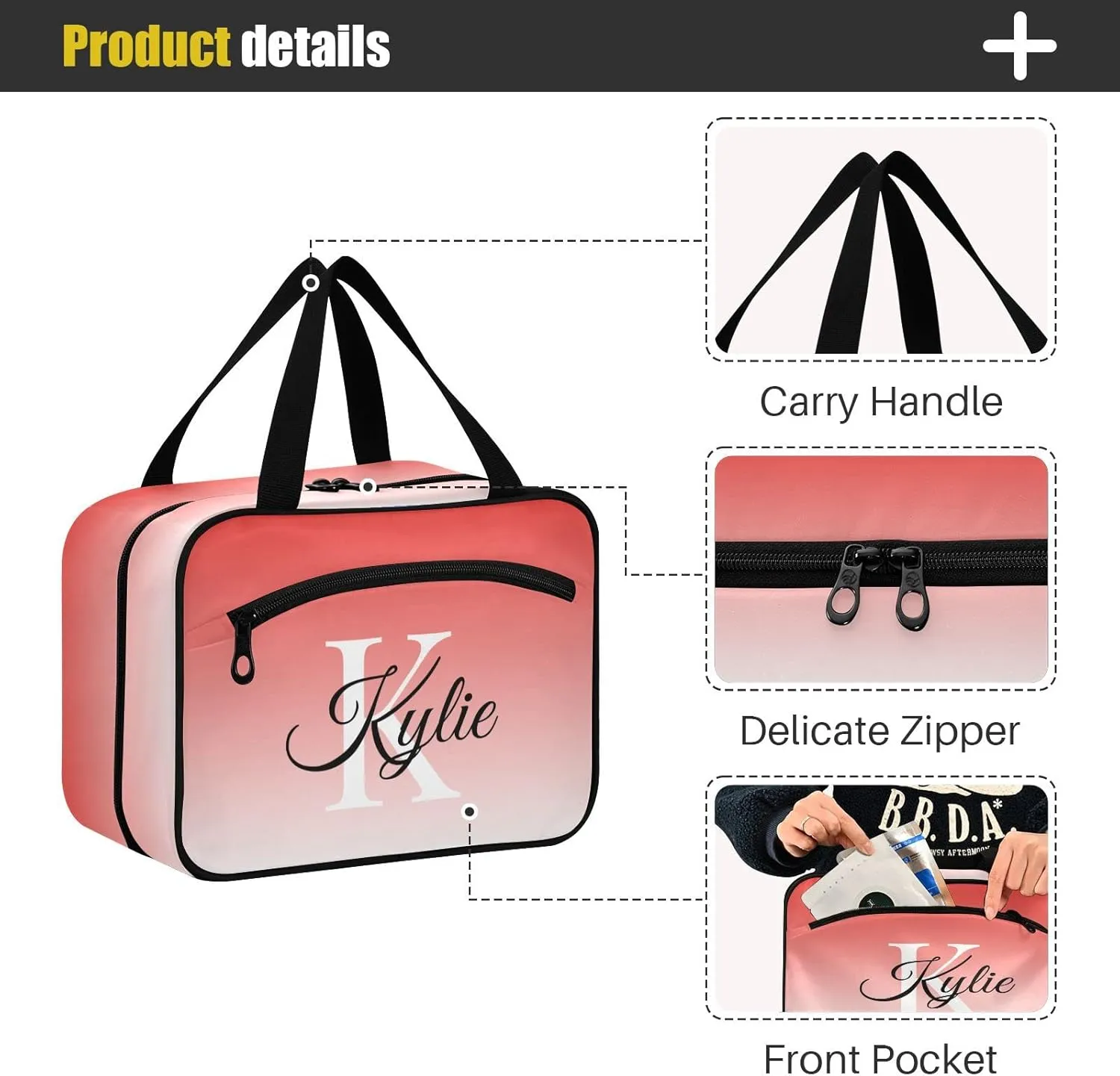 Sinestour Pink Gradient Personalized Toiletry Bag for Women Men Travel Makeup Bag Organizer with Hanging Hook Cosmetic Bags Hanging Toiletry Bag Travel Bag for Toiletries Gifts Accessories Shampoo