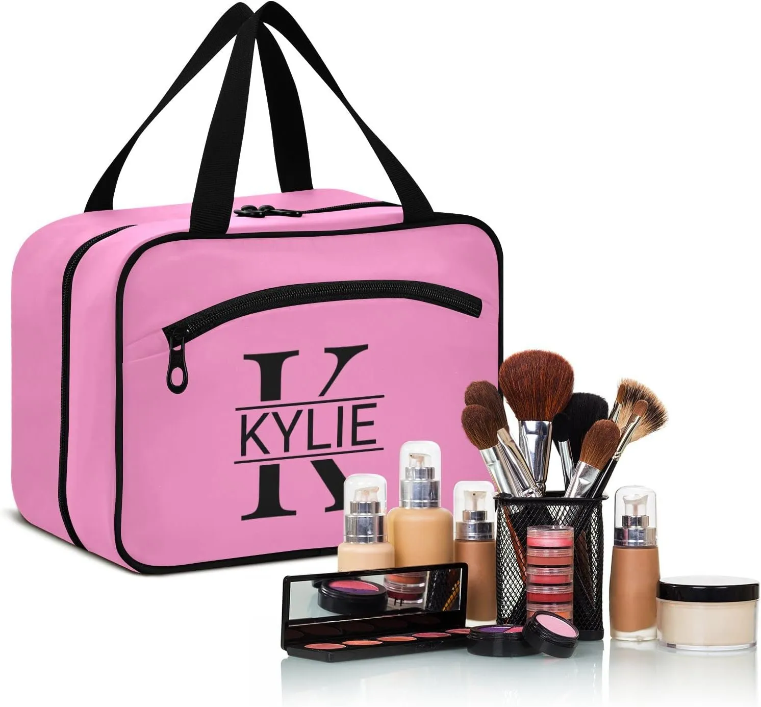 Sinestour Pink Personalized Toiletry Bag for Women Men Travel Makeup Bag Organizer with Hanging Hook Cosmetic Bags Hanging Toiletry Bag Travel Bag for Toiletries Brushes Accessories Gifts