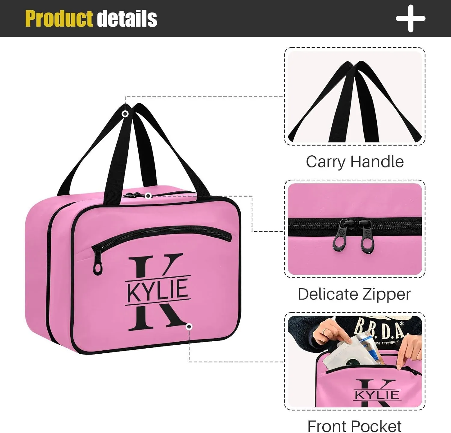 Sinestour Pink Personalized Toiletry Bag for Women Men Travel Makeup Bag Organizer with Hanging Hook Cosmetic Bags Hanging Toiletry Bag Travel Bag for Toiletries Brushes Accessories Gifts