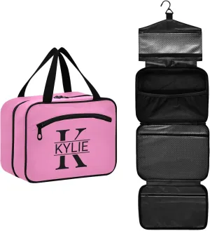 Sinestour Pink Personalized Toiletry Bag for Women Men Travel Makeup Bag Organizer with Hanging Hook Cosmetic Bags Hanging Toiletry Bag Travel Bag for Toiletries Brushes Accessories Gifts