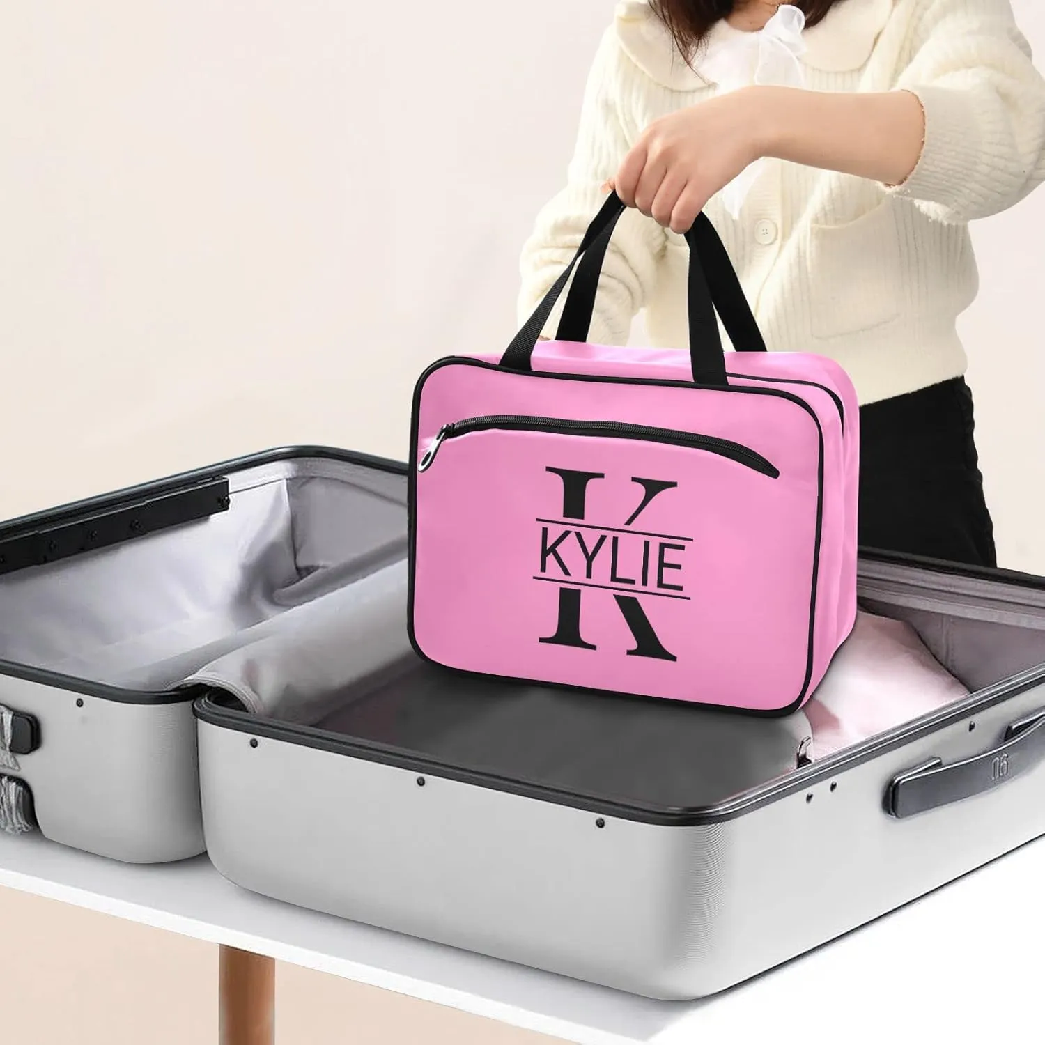 Sinestour Pink Personalized Toiletry Bag for Women Men Travel Makeup Bag Organizer with Hanging Hook Cosmetic Bags Hanging Toiletry Bag Travel Bag for Toiletries Brushes Accessories Gifts