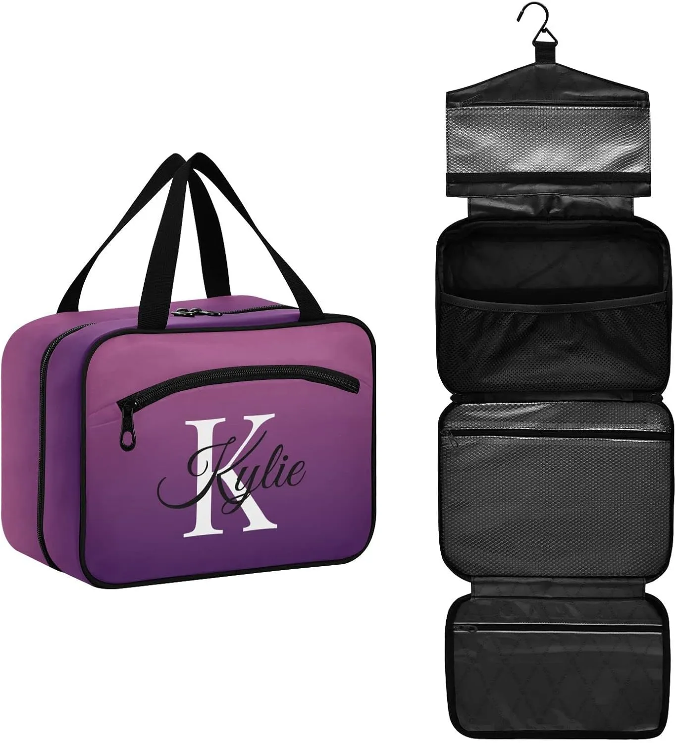 Sinestour Purple Gradient Personalized Toiletry Bag for Women Men Travel Makeup Bag Organizer with Hanging Hook Cosmetic Bags Hanging Toiletry Bag Travel Bag for Toiletries Accessories Brushes Bottle