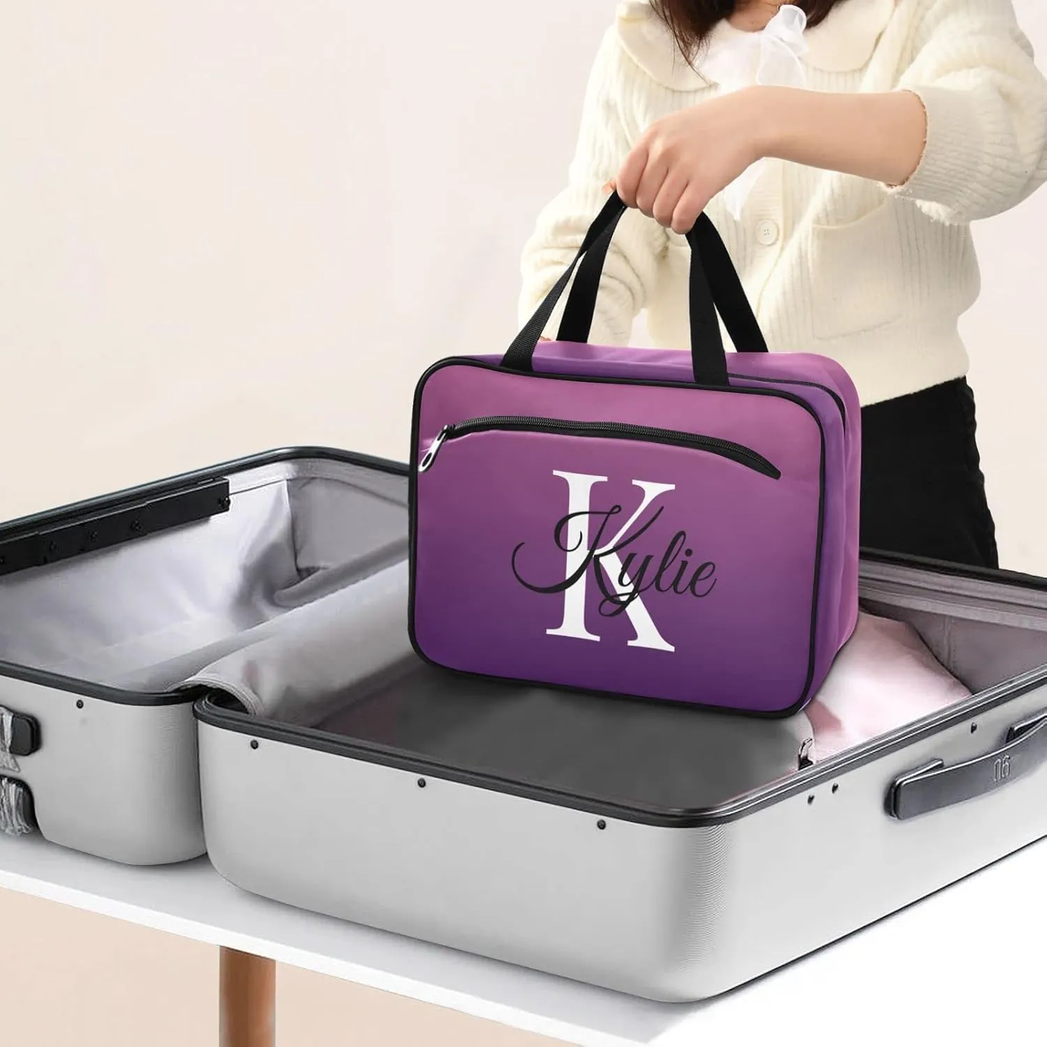 Sinestour Purple Gradient Personalized Toiletry Bag for Women Men Travel Makeup Bag Organizer with Hanging Hook Cosmetic Bags Hanging Toiletry Bag Travel Bag for Toiletries Accessories Brushes Bottle