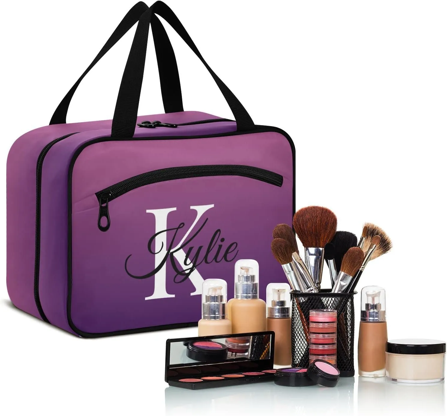 Sinestour Purple Gradient Personalized Toiletry Bag for Women Men Travel Makeup Bag Organizer with Hanging Hook Cosmetic Bags Hanging Toiletry Bag Travel Bag for Toiletries Accessories Brushes Bottle