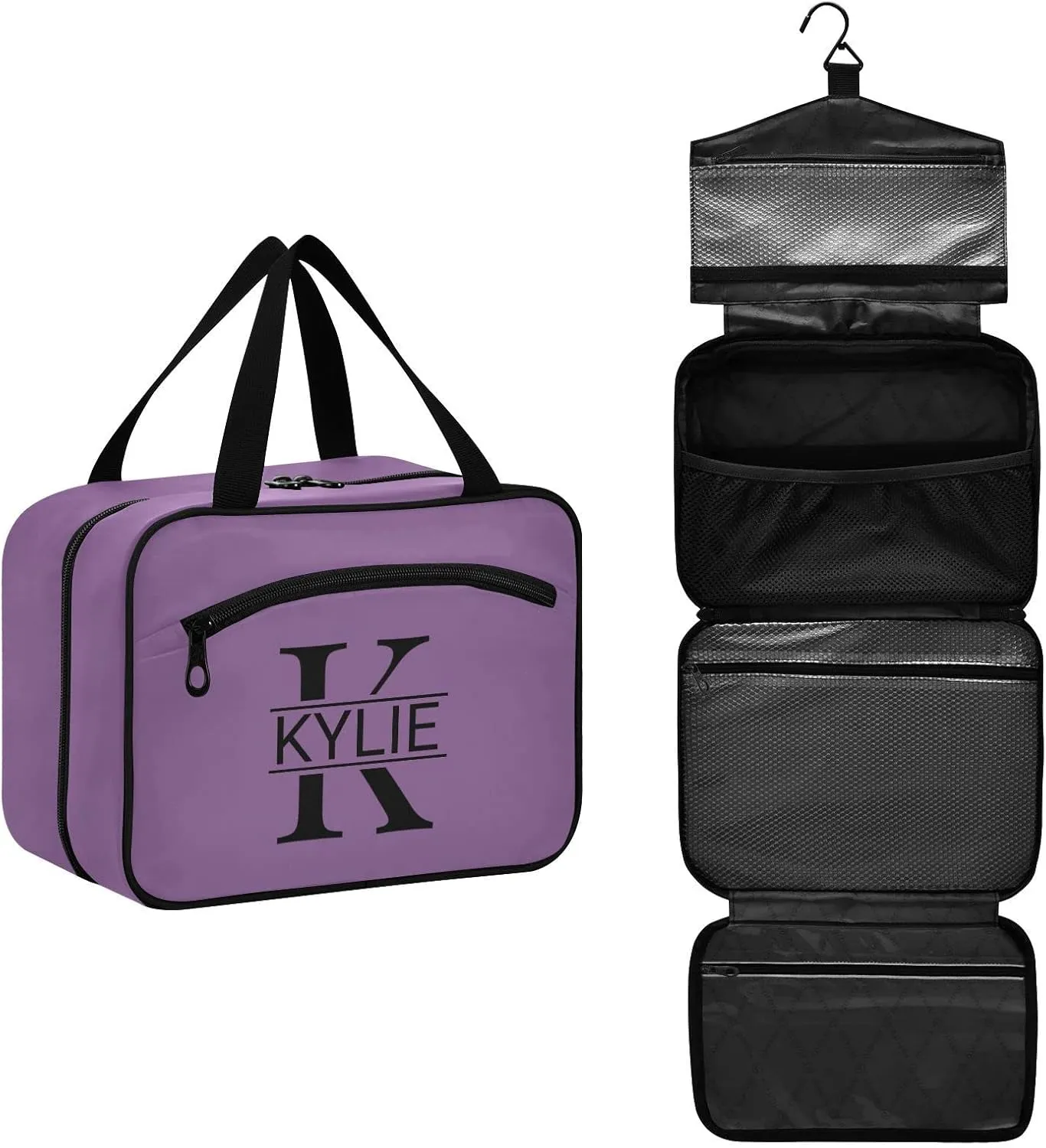 Sinestour Purple Personalized Toiletry Bag for Women Men Travel Makeup Bag Organizer with Hanging Hook Cosmetic Bags Hanging Toiletry Bag Travel Bag for Toiletries Brushes Accessories Gifts