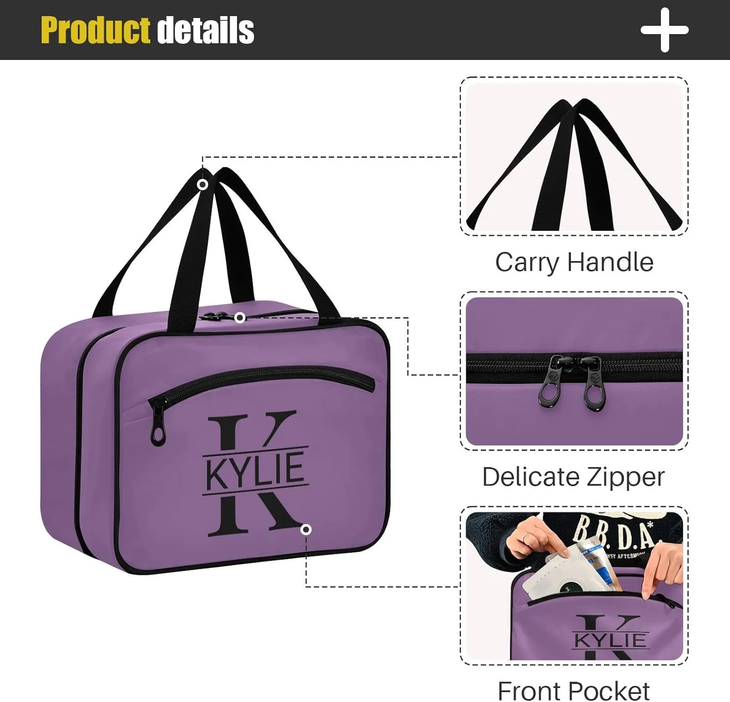Sinestour Purple Personalized Toiletry Bag for Women Men Travel Makeup Bag Organizer with Hanging Hook Cosmetic Bags Hanging Toiletry Bag Travel Bag for Toiletries Brushes Accessories Gifts