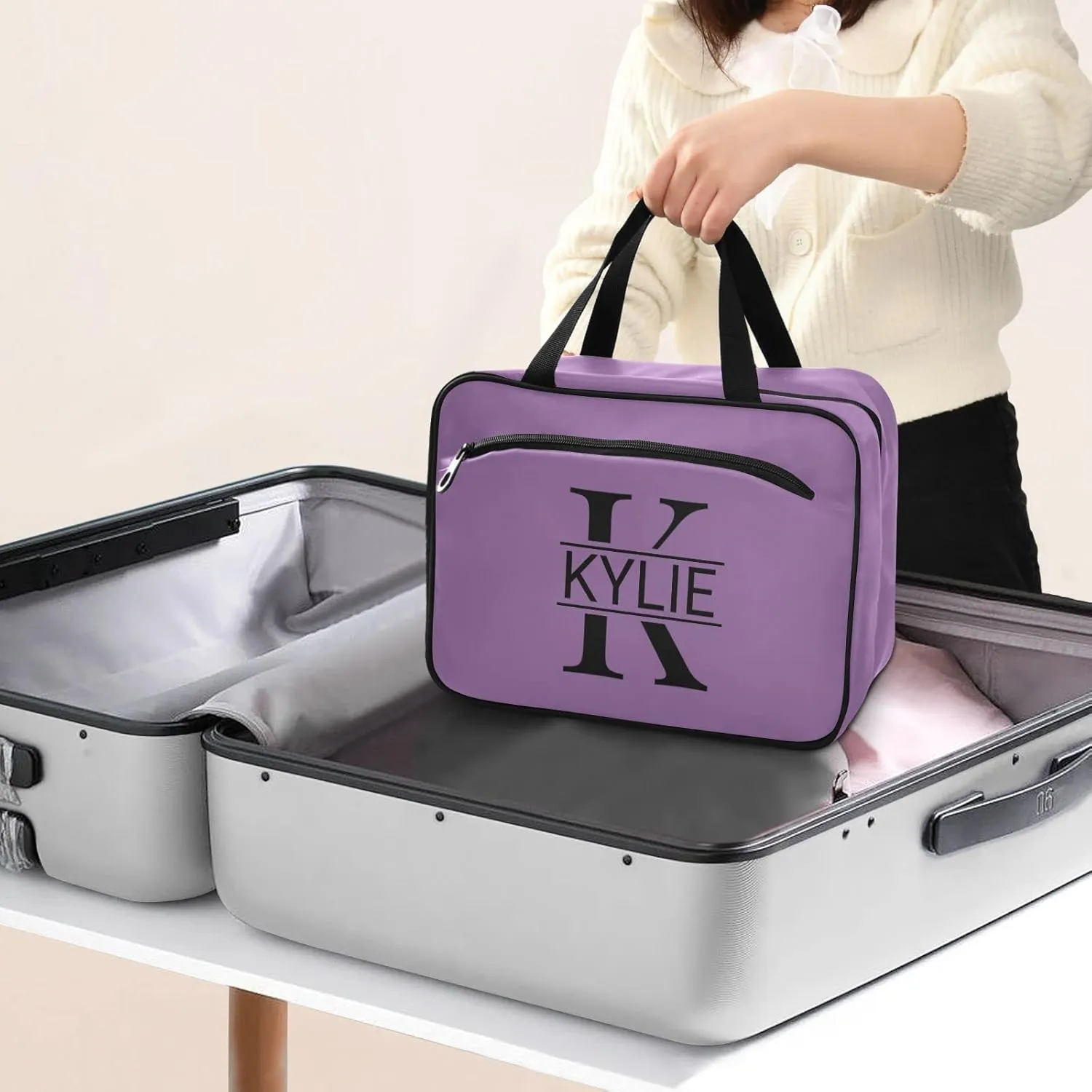 Sinestour Purple Personalized Toiletry Bag for Women Men Travel Makeup Bag Organizer with Hanging Hook Cosmetic Bags Hanging Toiletry Bag Travel Bag for Toiletries Brushes Accessories Gifts