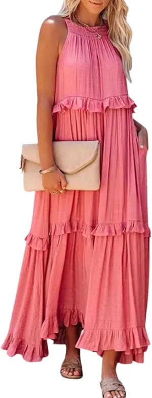 Sleeveless Halter Maxi Dress Casual Flowy Ruffle Sundress Beach Swing Long Dresses Sundress