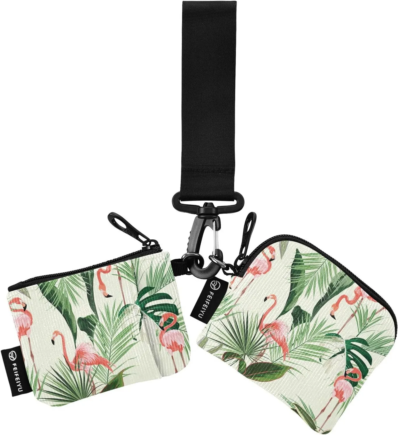 Small Wallet for Women Pink Flamingo Exotic Leaves Zip Around Dual Pouch Wristlet Wallets for Women Portable Card Wallet