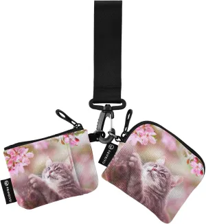 Small Wallet for Women Spring Cute Kitten with Pink Flowers Zip Around Dual Pouch Wristlet Wallets for Women Portable Card Wallet