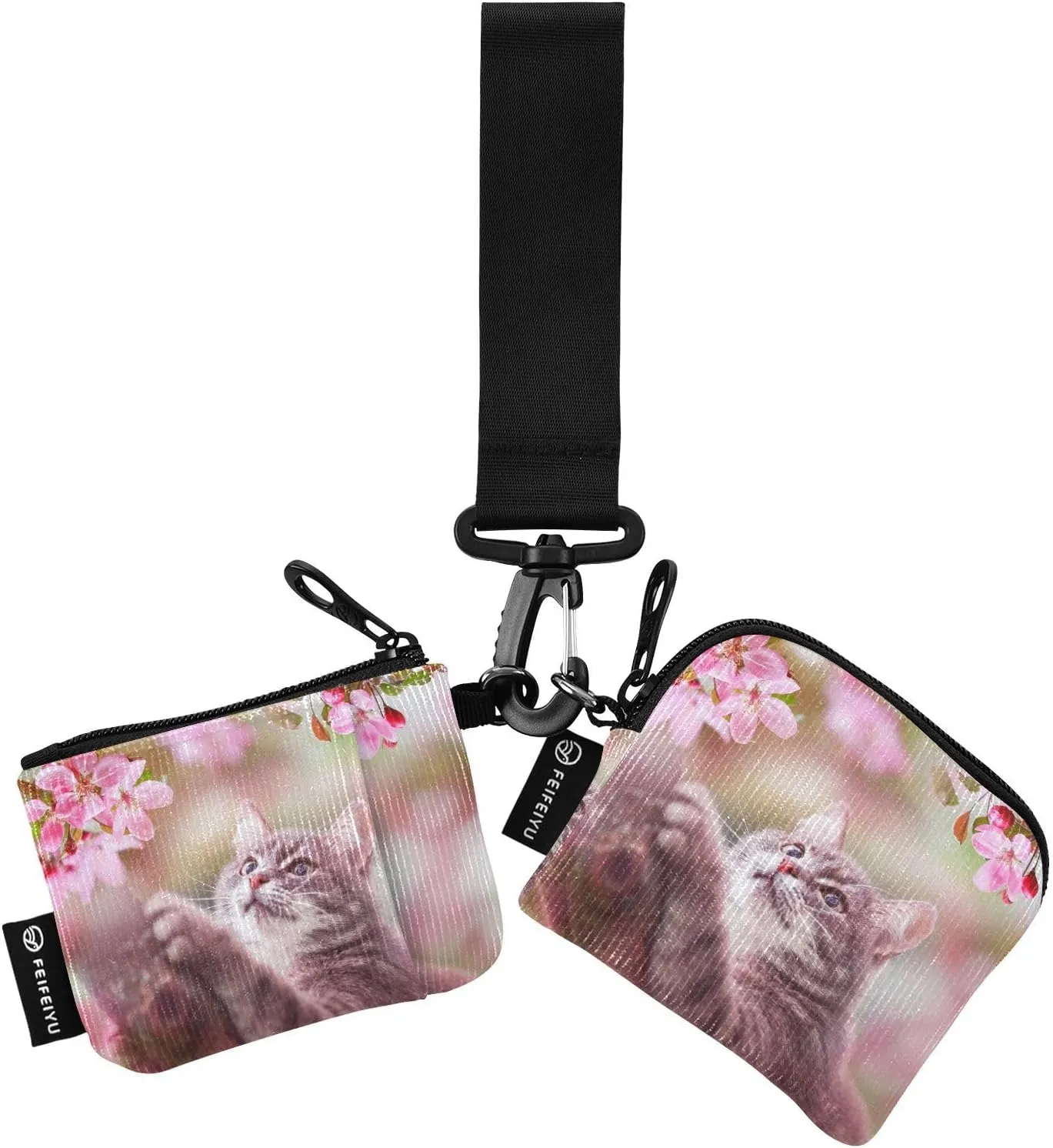 Small Wallet for Women Spring Cute Kitten with Pink Flowers Zip Around Dual Pouch Wristlet Wallets for Women Portable Card Wallet
