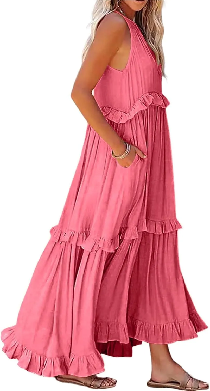 Smocked Halter Maxi Dress for Women Elegant Loose Flowy Tiered Ruffle Dress Summer Swing Beach Dresses with Pockets