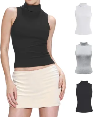 SOLY HUX Women's 3 Piece Tank Top Turtleneck Sleeveless Going Out Tops Casual Solid Tops