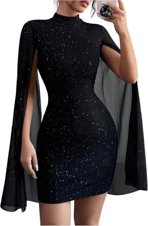 SOLY HUX Women's Glitter Bodycon Mini Dress Cloak Long Sleeve Mock Neck Cocktail Party Dresses