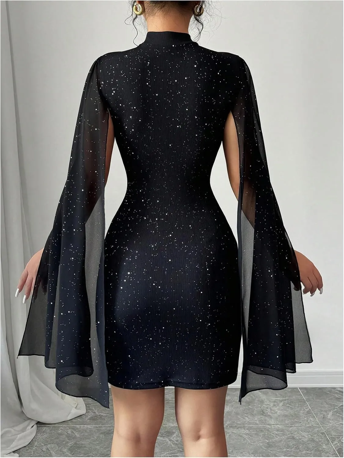 SOLY HUX Women's Glitter Bodycon Mini Dress Cloak Long Sleeve Mock Neck Cocktail Party Dresses