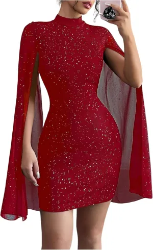 SOLY HUX Women's Glitter Bodycon Mini Dress Cloak Long Sleeve Mock Neck Cocktail Party Dresses