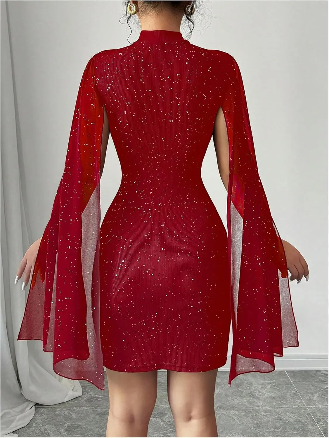 SOLY HUX Women's Glitter Bodycon Mini Dress Cloak Long Sleeve Mock Neck Cocktail Party Dresses