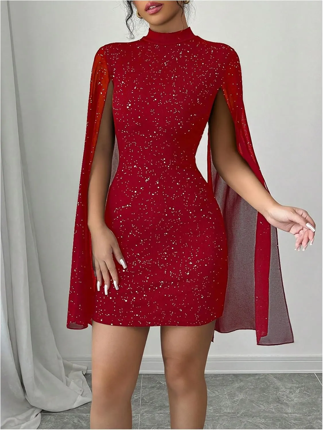 SOLY HUX Women's Glitter Bodycon Mini Dress Cloak Long Sleeve Mock Neck Cocktail Party Dresses