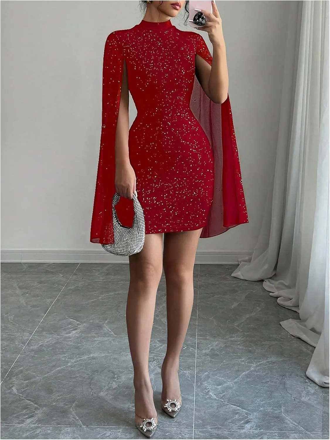 SOLY HUX Women's Glitter Bodycon Mini Dress Cloak Long Sleeve Mock Neck Cocktail Party Dresses