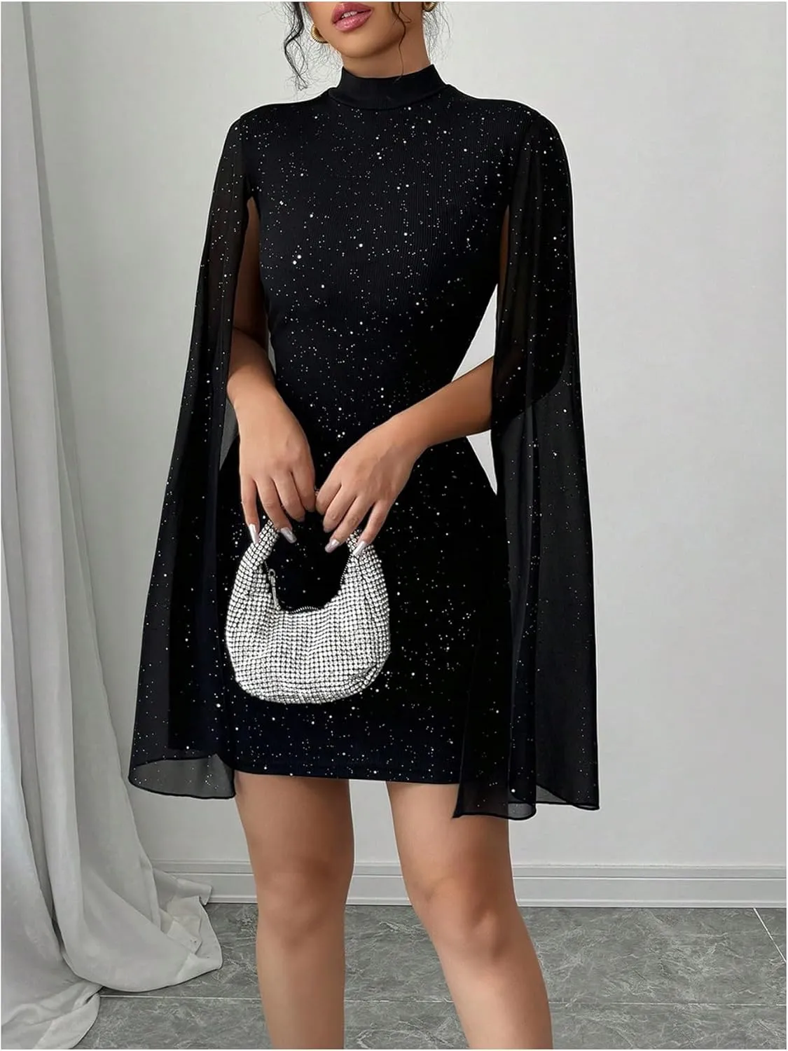 SOLY HUX Women's Glitter Bodycon Mini Dress Cloak Long Sleeve Mock Neck Cocktail Party Dresses