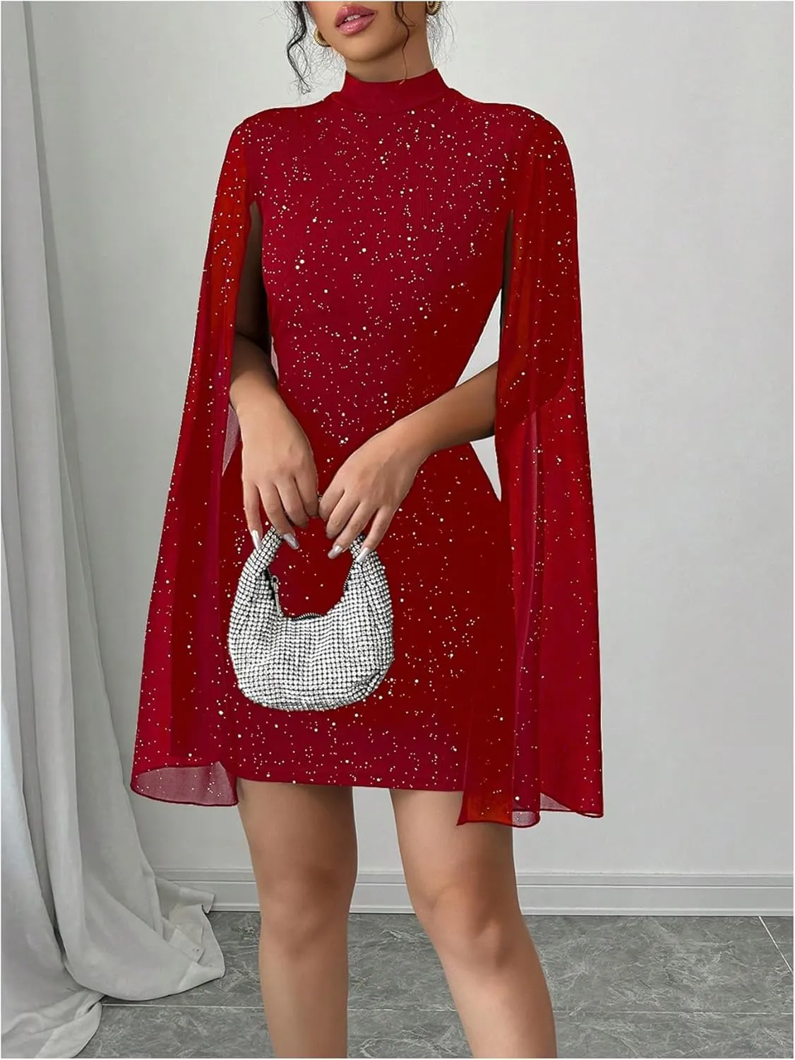 SOLY HUX Women's Glitter Bodycon Mini Dress Cloak Long Sleeve Mock Neck Cocktail Party Dresses