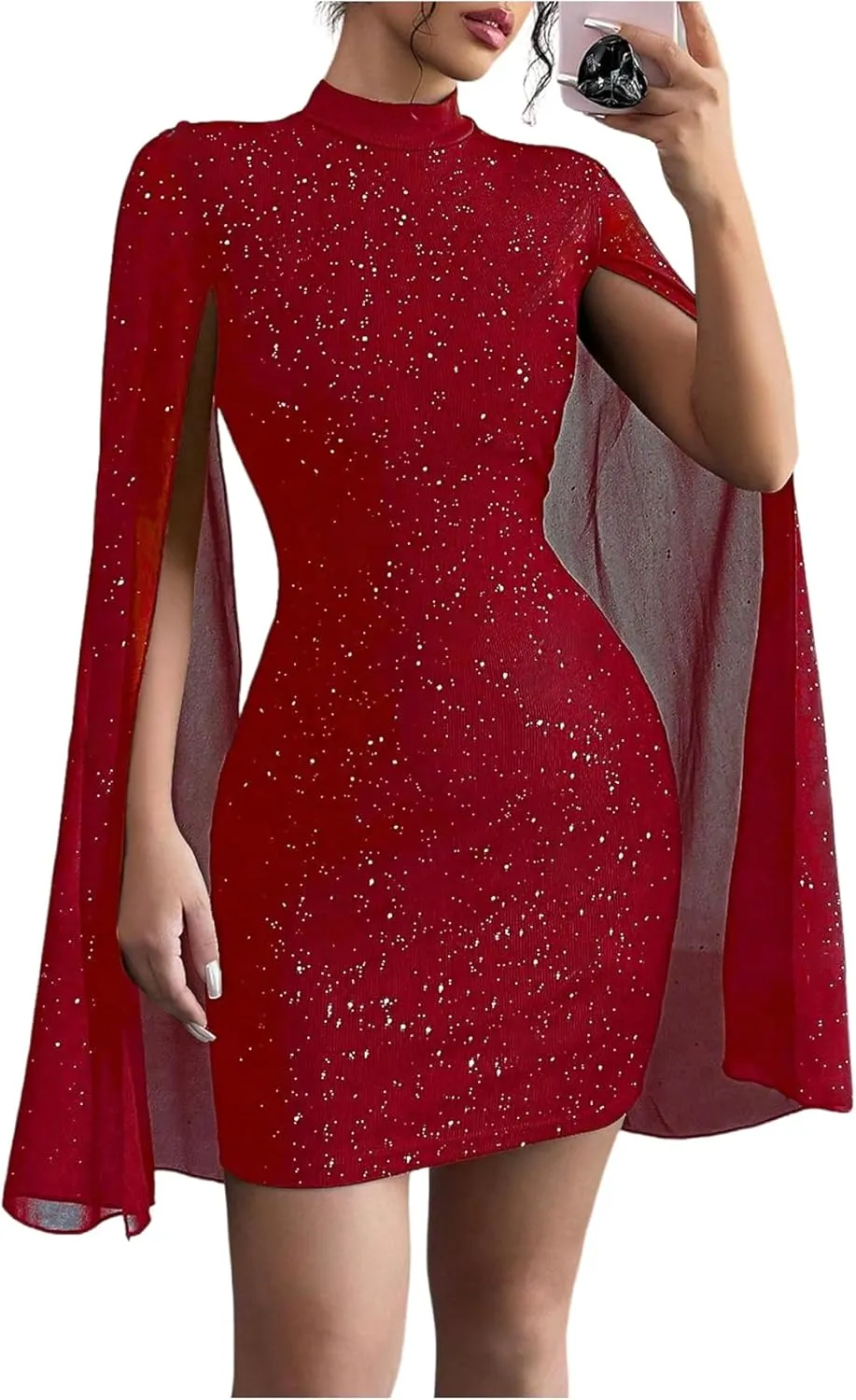 SOLY HUX Women's Glitter Bodycon Mini Dress Cloak Long Sleeve Mock Neck Cocktail Party Dresses