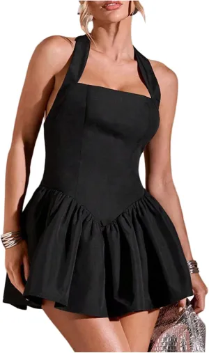 SOLY HUX Women's Mini Dress Halter Sleeveless Backless A Line Ruffle Hem Summer Dresses