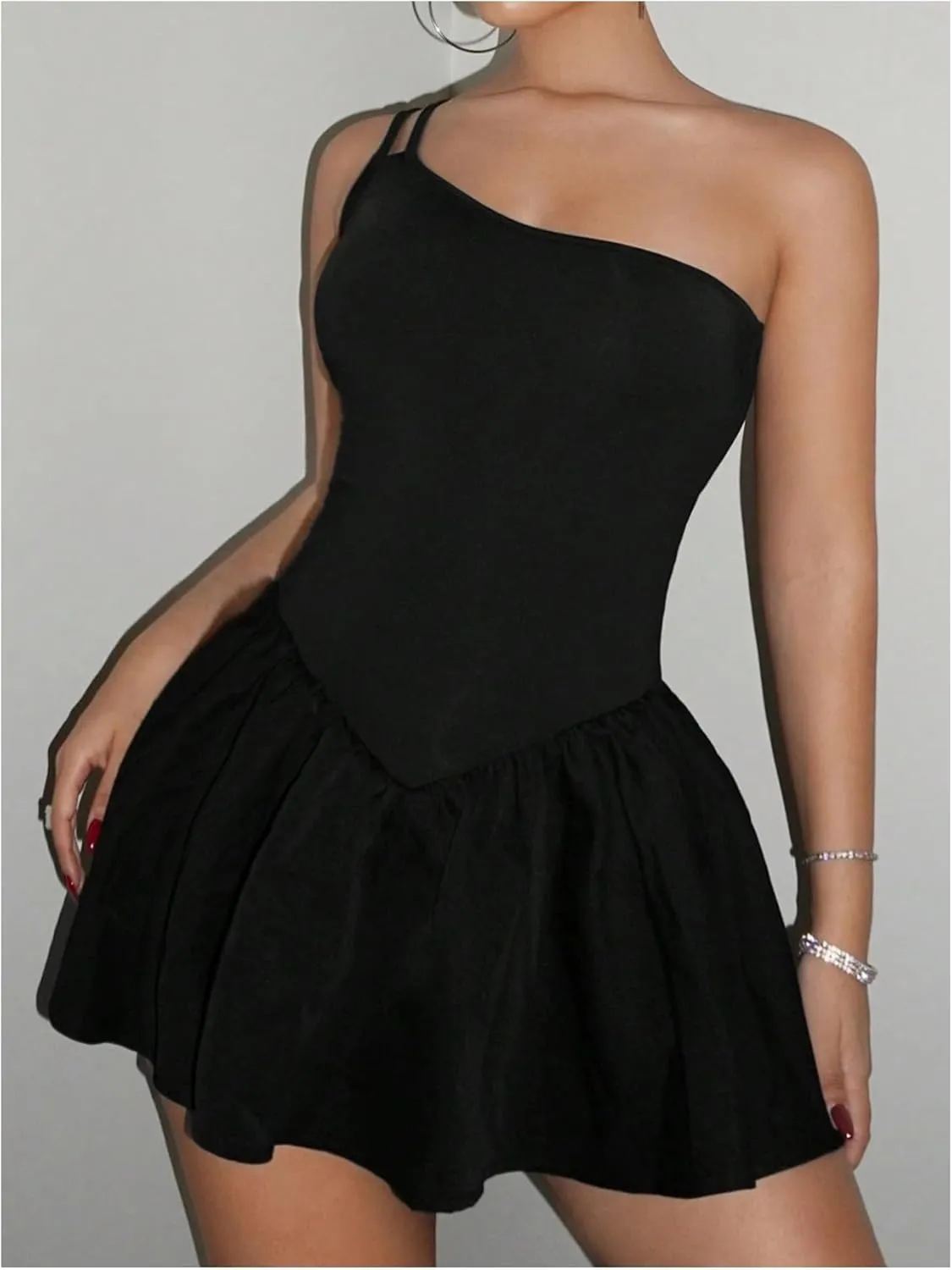 SOLY HUX Women's One Shoulder Sleeveless A Line Flared Dress Summer Mini Dresses