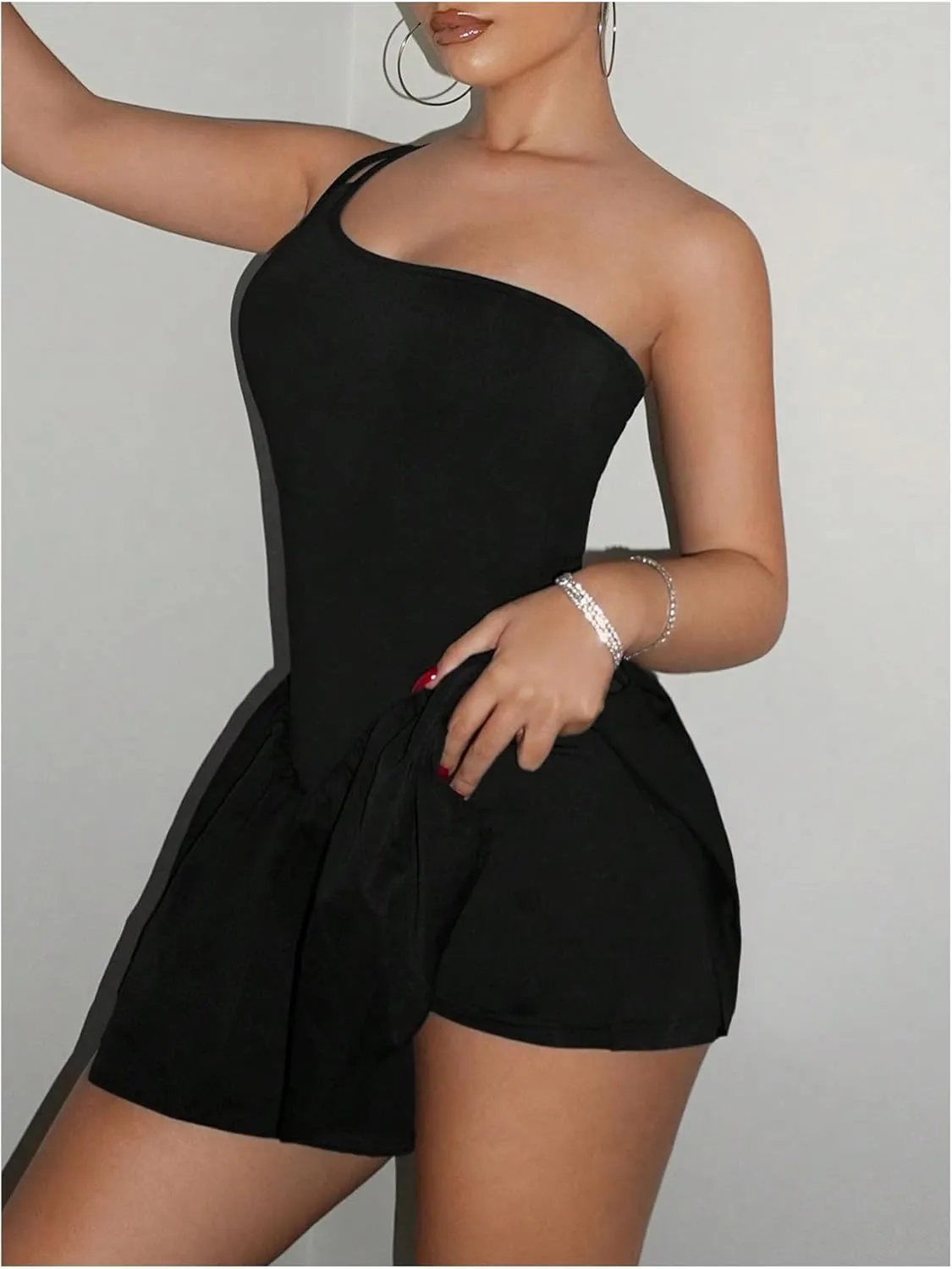 SOLY HUX Women's One Shoulder Sleeveless A Line Flared Dress Summer Mini Dresses