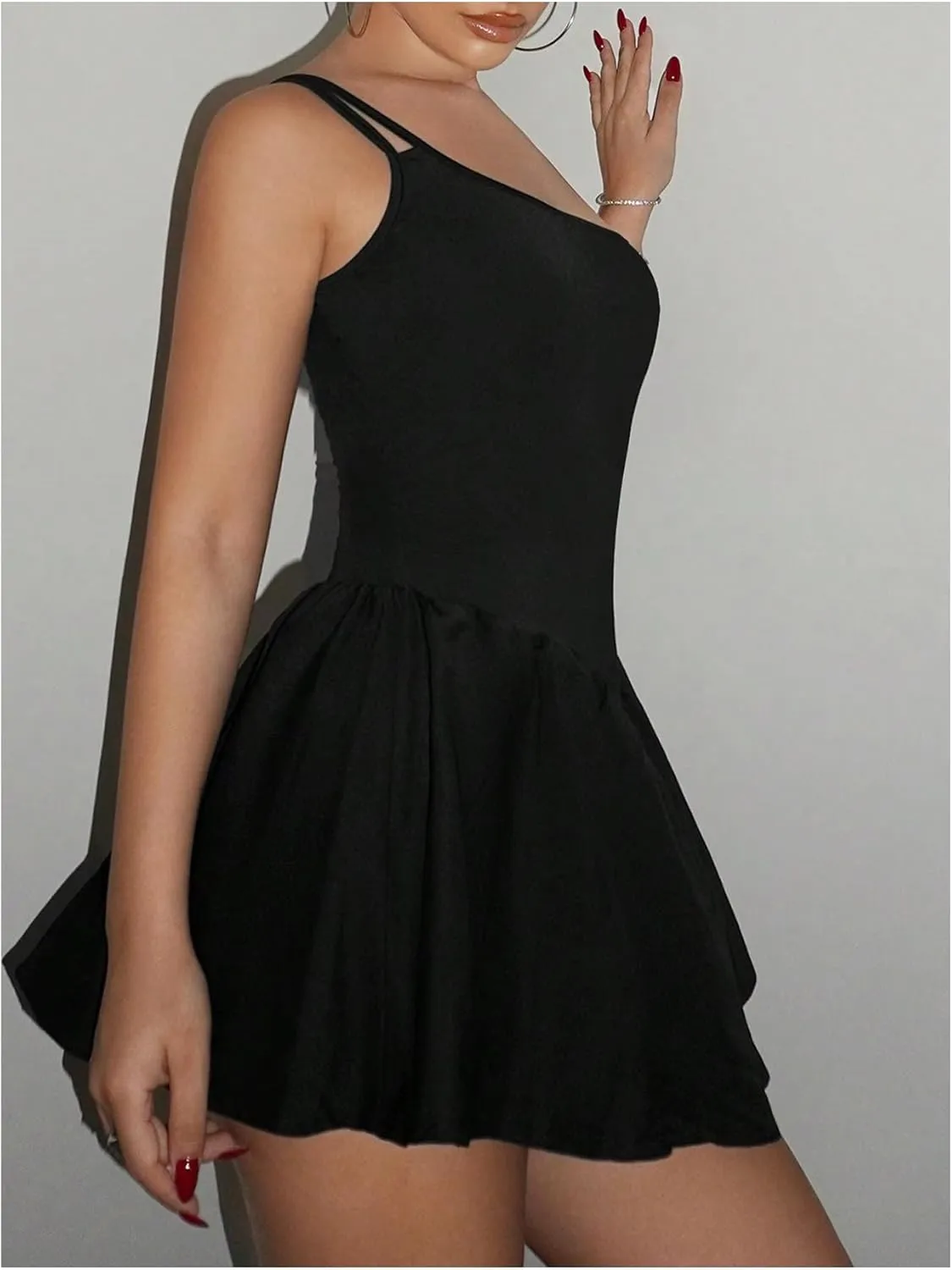 SOLY HUX Women's One Shoulder Sleeveless A Line Flared Dress Summer Mini Dresses