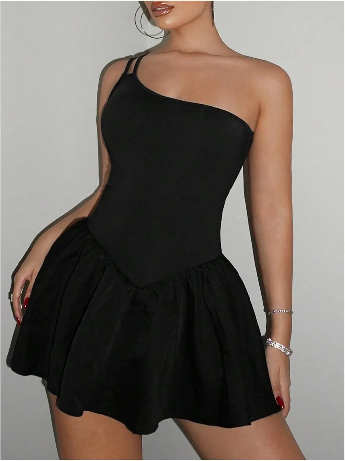 SOLY HUX Women's One Shoulder Sleeveless A Line Flared Dress Summer Mini Dresses