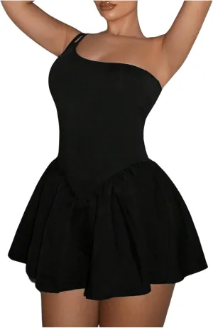 SOLY HUX Women's One Shoulder Sleeveless A Line Flared Dress Summer Mini Dresses